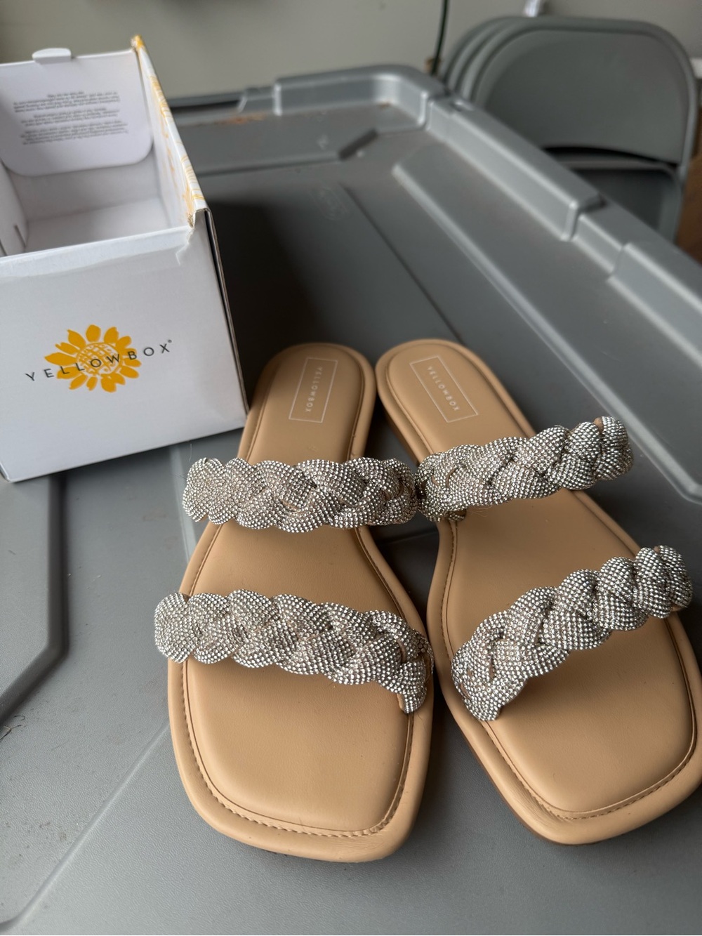 Yellow Box Tan Slide Sandals with Silver Braided Straps